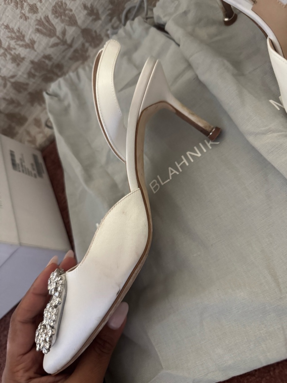 Manolo Blahnik White Satin Crystal-Embellished Slingback Pumps - Picture 5 of 13